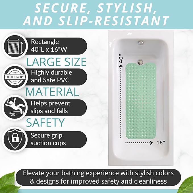 ENKOSI Bath Mat - Large Non Slip Bathtub & Shower Mat - Extra Long 40 x 16 Inch Bathroom Mats for Tub Nonslip Anti Slip Bathmats (40x16 Aqua Green 1-Pack)