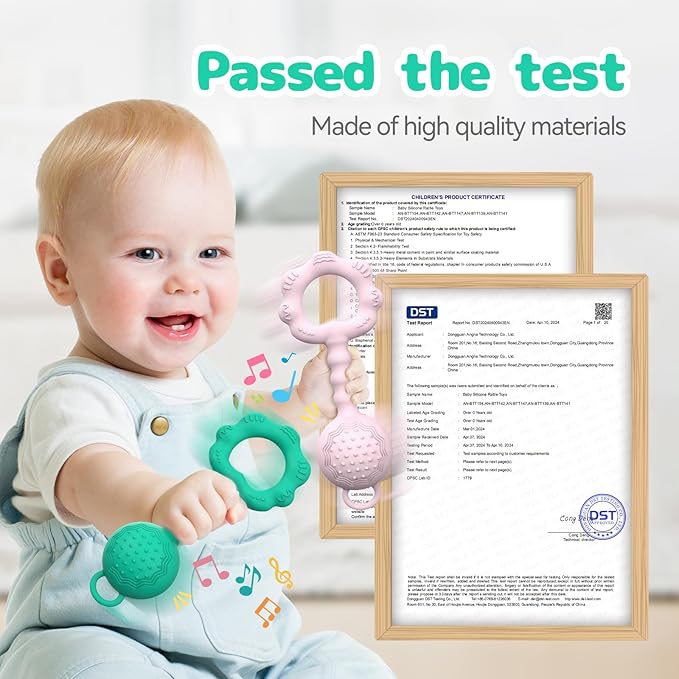 2 Pcs Baby Rattle Teether, 2-in-1 Rattle and Teether Toy for Soothing Sore Gums and Keeps Little Ones Entertained, Food Grade Silicone (Spearmint+Pink)