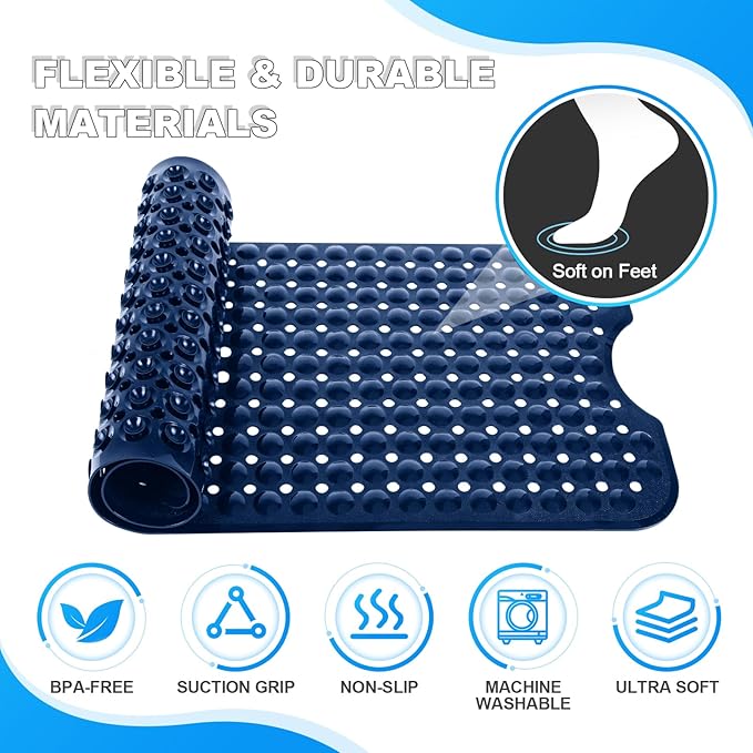 Linoows Bathtub and Shower Mats, 40x16 Inch Extra Large Non Slip Soft Bath Tub Mat with Suction Cups and Drain Holes for Bathroom Floor and Keep Tubs Clean, Machine Washable, Navy Blue