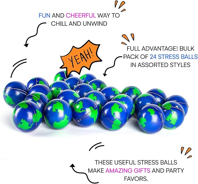 Neliblu 2" Earth Stress Balls, 2 Dozens - Globe/World Squeeze Ball for Stress Relief, Muscle Relaxation, Therapy , Earth Day Gifts and Accessories - Earth Day Party Favours | World Balls for Kids