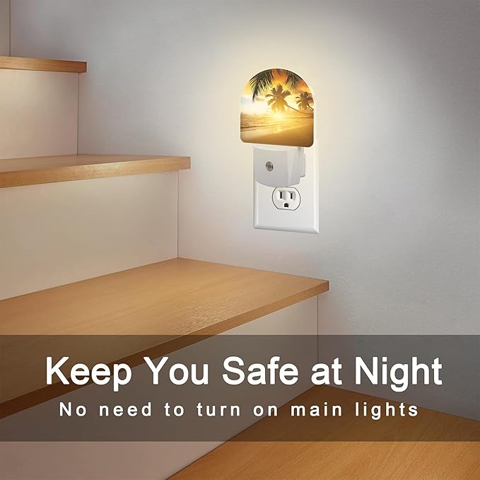 Tropical Ocean Beach Night Light, Palm Trees at Sunset Dusk to Dawn Night Light Plug in,0.5w Energy Saving Sleep Friendly NightLight for Kids Boys Girls Home Decor