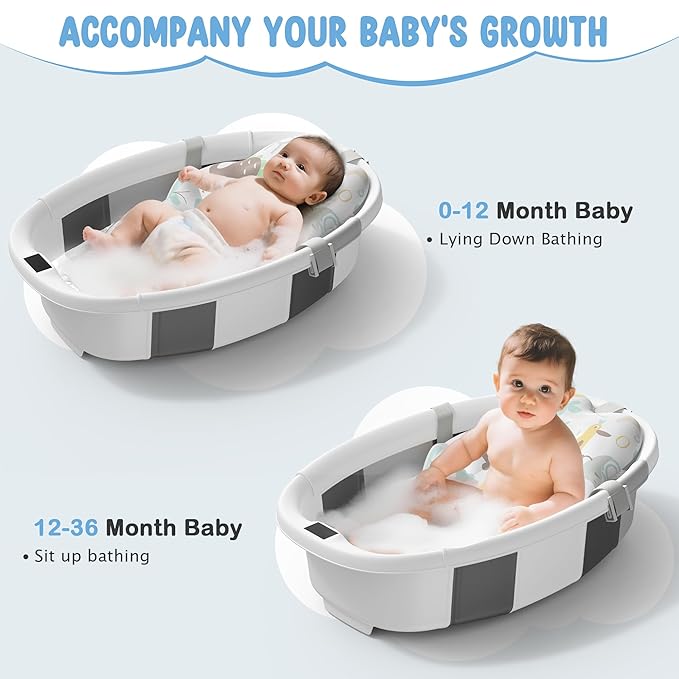 Collapsible Baby Bathtub, 3s to Install, Baby Bath Tub with Soft Cushion & Thermometer, 0-36 Months Newborn Bathtub, Portable Travel Baby Tub, Grey