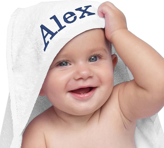 My Personal Memories Customized Baby Hooded Bath Towel - Monogrammed for Girl and Boy - Embroidered (White)