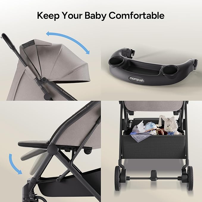 Mompush Lithe V2 Lightweight Travel Stroller, Compact Foldable Baby Stroller with Travel Bag, One-Hand Fold Stroller, Snack Tray, Mechanical Recline Seat, Airplane-Ready, UPF 50+ Canopy & Rain Cover