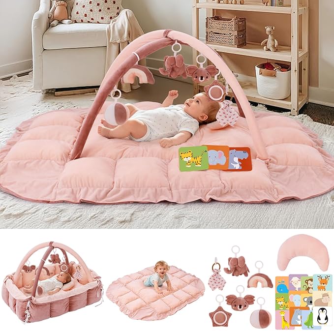 5-in-1 Baby Play Gym and Tummy Time Mat, Tummy Time Pillow & 12 Learning Cards, Plush Activity Mat with 6 Toys, Baby Gym, Convertible to Ball Pit & Pet Bed, Baby Gift, Pink