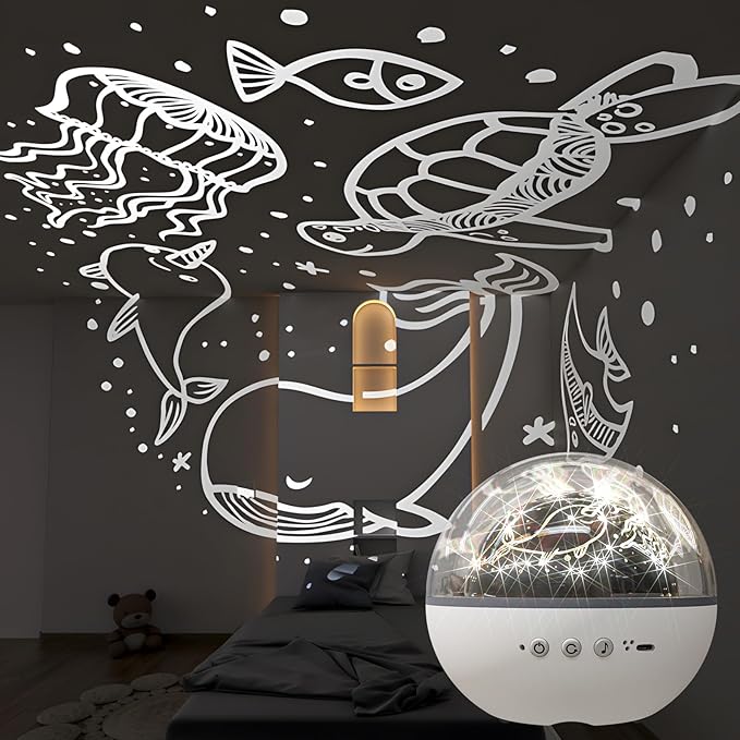 Colorful Life Star Projector Night Light for Kids with Music Box, 5 Films, Rotating Galaxy Light, USB Powered Baby Nursery Lamp for Bedroom (Blue, Green, White, USB-Rechargeable Eight Tone Model)