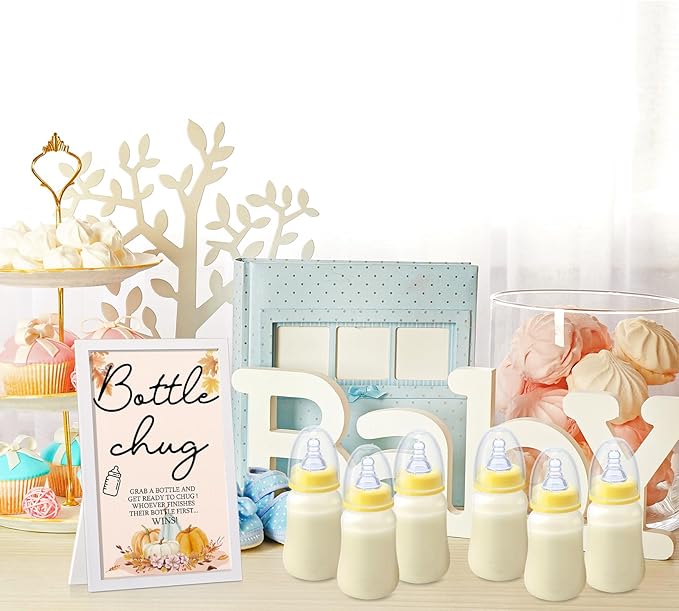 Roowest Bottle Chug Baby Shower Game - Fall Pumpkin Theme, Wooden Sign and 18 Yellow Baby Bottles for Gender Reveal Party Supplies