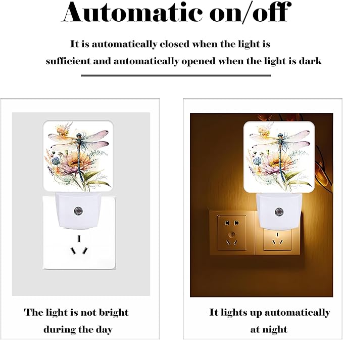 Watercolor Dragonfly Night Light,Plug Into Wall Decor for Stairway,Hallway,Kitchen,Dusk to Dawn Sensor Nightlights for Boys/Girls/Women/Men Room Gifts