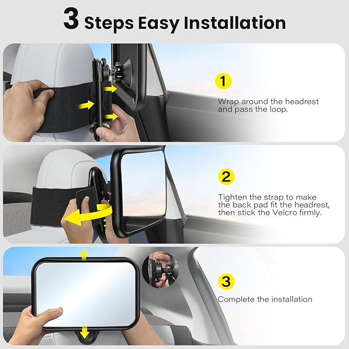 Fixed Headrest Car Mirror for Baby Rear Facing Fit Tesla Shatterproof Baby Mirror for Car Back Seat 360° Wide Clear View Never Shake Crash Tested Stable Velcro Strap Newborn Baby Essentials