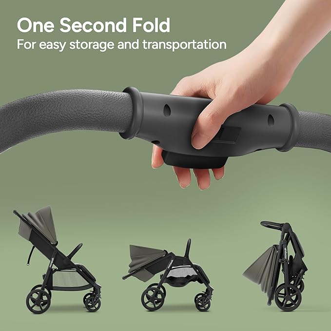 Mompush Nova Baby Stroller for Toddler, Infant & Newborn | Spacious Seat & Lie-Flat Mode | Compact One-Hand Fold, UPF 50+ Canopy & All-Wheel Suspension | Includes Rain Cover & Cup Holder, Green