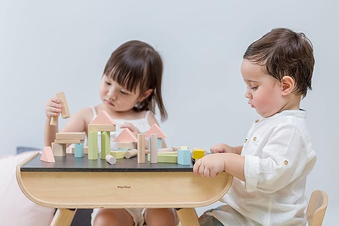 PlanToys 40 Piece Unit Block Building and Construction Block Set (5507) | Pastel Color Collection |Sustainably Made from Rubberwood and Non-Toxic Paints and Dyes