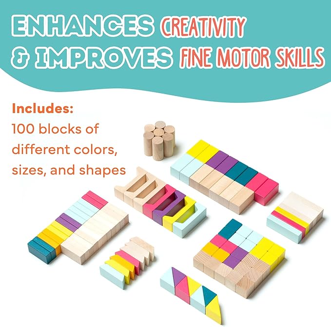 CUBIKA 100 Piece Wooden Blocks Construction Kit– Montessori-Inspired Stacking Toy for Toddlers and Kids– Durable Wooden Blocks for Creativity, Fine Motor Skills, and Early Learning