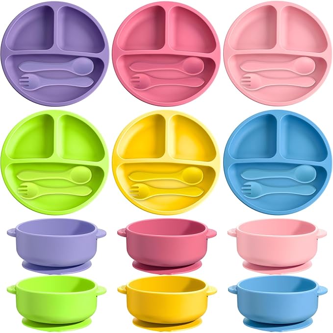 Dandat 24 Pcs Silicone Baby Feeding Set,6 Baby Toddler Suction Bowls 6 Divided Suction Plates with 6 Forks 6 Spoons, Utensils Set for Weaning Infant Feeding and Eating, 6 Styles(Bright Color)