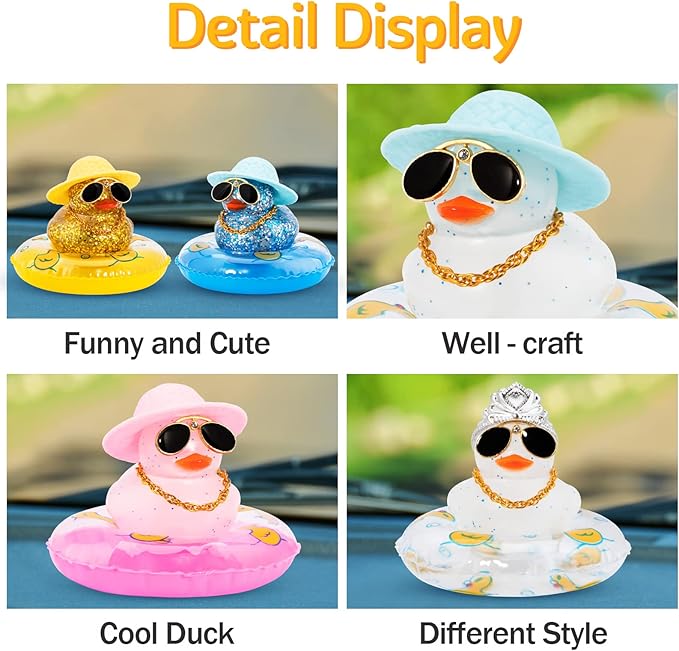 wonuu 2Pcs Car Dashboard Decorations Color Ducks, Rubber Duck for Car Ornament Accessories with Mini Hat Sunglasses Necklace and Swim Ring, B_Dark Blue Duck+Blue Sun Hat&Blue Sun Hat