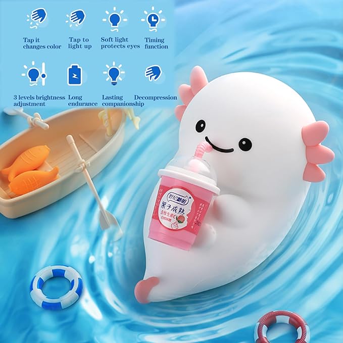 Cute White Axolotl Night Light, LED Squishy Night Lamp, Dimmable Timer Nursery Nightlight for Kids, Rechargeable Touch Lamp, Dorm Decor, Kids Funny Gifts(White Axolotl)