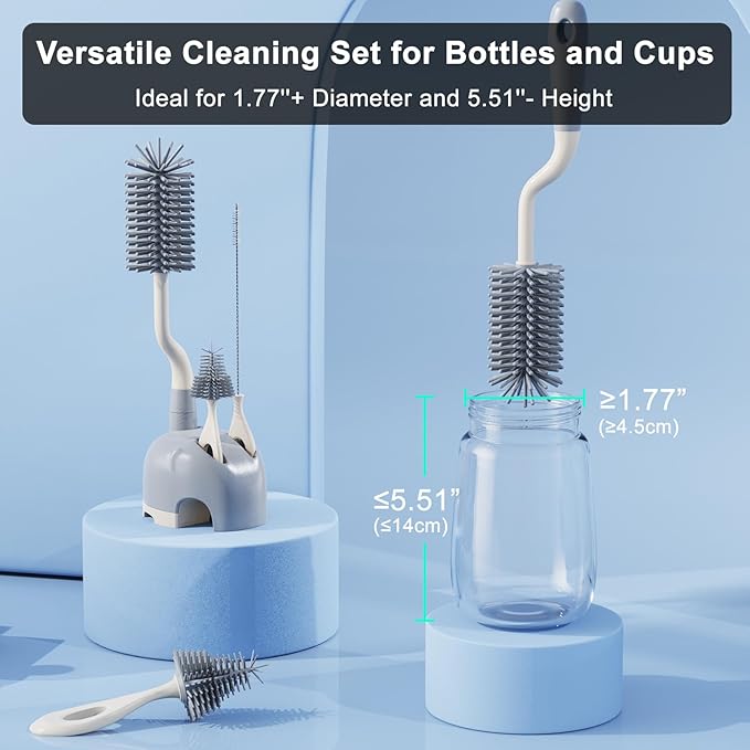 Silicone Bottle Brush Set with Stand, 360° Rotating Bottle Cleaning Brush Cleaner Set, Long Handle 3 in 1 Multipurpose Silicone Baby Bottle Straw Cleaner Brush (Grey)