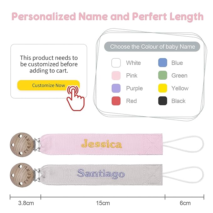 TYRY.HU Personalized Pacifier Clip with Name, Embroidery Webbing Pacifier Holder for Baby Girls and Boys, Neutral Pacifier Leash Universally Fit All Pacifiers & Baby Toys, 2 Pack Baby Gift(Grey, Pink)