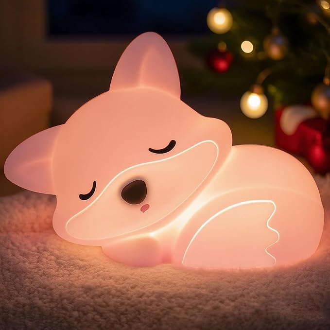 Pink Fox Night Light Toy Gifts for Girls, Cute Fox Squishy Lamp for Daughter Gifts, Dimmable Rechargeable Silicone Animal Night Light, Sweet Birthday Xmas Gift for Girls Room Pink Decor