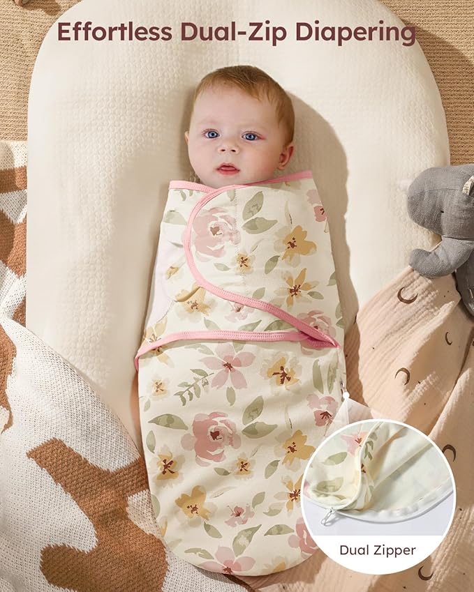 Baby Swaddles for Newborns with Zipper, 100% Cotton Newborn Swaddle Sack, 3 Pack Baby Swaddles 0-3 Months Swaddle Sleep Sack for Newborn Baby Boy Girl Pink Flower