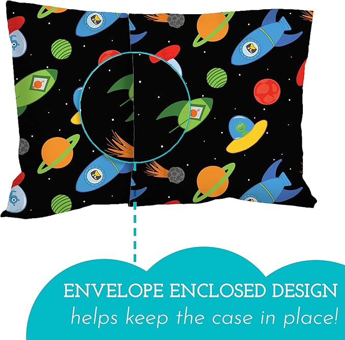Little Sleepy Head Toddler Pillow with Pillowcase 13x18 - Kids Pillow for Sleeping - Better Neck Support Ergonomic Pillow and Toddler Pillowcase - Best Pillows for Kids (Space 'N Rockets)