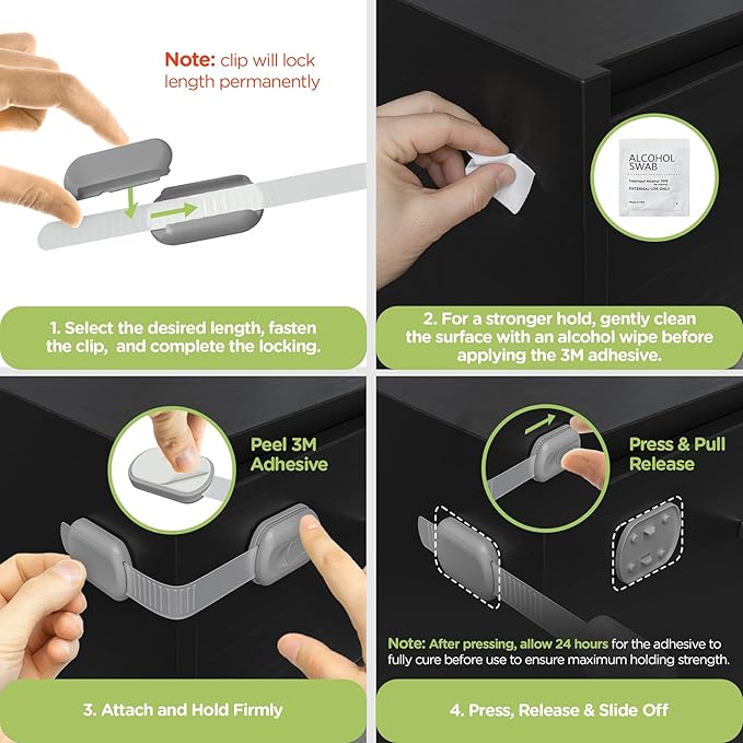 Baby Proofing Child Safety Locks (8 Pack) by Skyla Homes - The Safest, Quickest and Easiest 3M Adhesive Cabinet Latches, No Screws & Magnets, Multi-Purpose for Furniture, Kitchen, Ovens, Toilet Seats