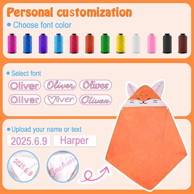 Custom Hooded Bath Towel with Name, Personalized Highly Absorbent Bunny Towels, Baby Bath Towels for Girls Boys, Brithday for Baby, Toddler, Newborn (Orange-Fox)