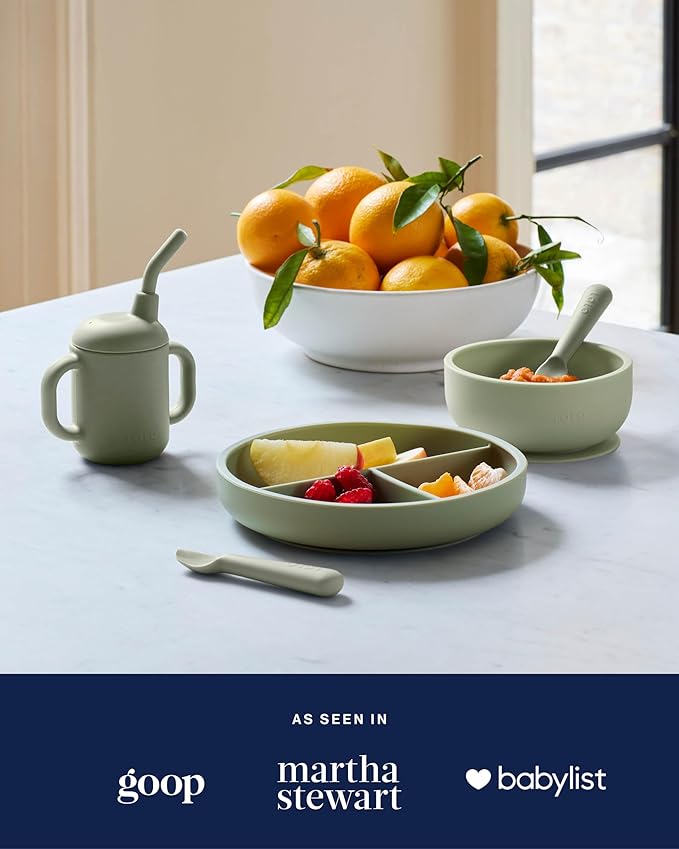 Lalo Suction Bowls - 2 Pack, 100% Silicone Non-Toxic BPA-Free Baby Bowls with Suction Base To Prevent Accidental Tip-Overs - Silicone Bowls For Babies And Toddlers - Sage