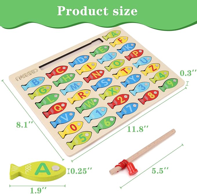 Magnetic Wooden Fishing Game Toy for Toddlers, Alphabet Fish Catching Counting Games Puzzle with Numbers and Letters, Preschool Learning ABC Math Educational Toys 3 4 5 Years Old Girl Boy Kids
