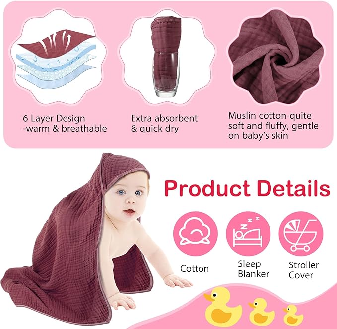 Peryiter 6 Pcs Muslin Hooded Baby Towels, 32"x 32" Cotton Newborn Bath Towel Muslin Infant Baby Blankets Absorbent Unisex Newborn Registry Gift Essentials for Girls Boys (Red)