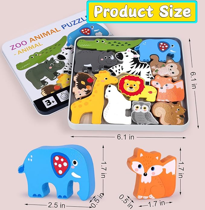Wooden Animal Puzzles Toys for Toddlers,12PC Safari Animal Figures,Animal Matching Sorting Stacking Toys for Boys Child Girls,Educational Learning Toys Gift for Kids (Safari)