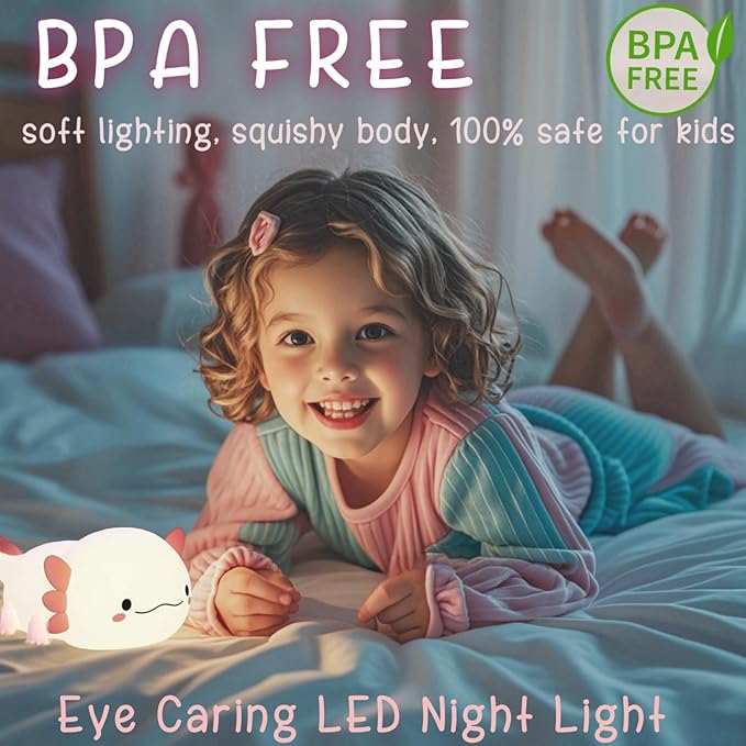 Axolotl Night Light for Kids, Cute Squishy Rechargeable Axolotls Lamp, Unique White Pink Xmas Axolotl Gifts, Dimmable LED Silicone Nightlight, Baby Safe, Girls Room College Dorm Décor