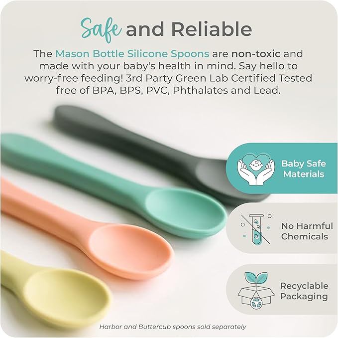 Mason Bottle Silicone Baby Spoons (2-Pack) – BPA-Free Feeding Utensils for Babies 6–12 Months – Puree Spoons with Case, Non-Toxic, Dishwasher Safe (Teal & Grey)