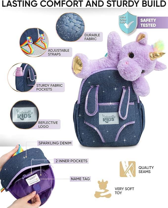 Unicorn Toys for Girls Age 4-6, Unicorn Gifts for 4 Year Old Girl, Birthday Gift 5 Year Old Boy, Small Toddler Backpack Age 2-6 (10’’h) w Detachable Purple Toy, Side&Inner Pockets, Reflective Logo