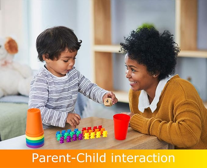 Bmag Counting Bears with Matching Sorting Cups,Pre-School Math Learning Games with 2 Dices,Color Recognition STEM Educational Toy for Toddler Bonus Tweezers, Storage Box, Activity Cards