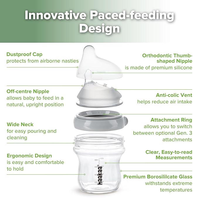 haakaa Gen.3 Natural Glass Baby Bottle 4.2oz/120ml - Wide Neck Anti-Colic Slow Flow Nipple for 0M+ Breastfed Baby, Newborn Registry Essentials,BPA-Free - 1 PK