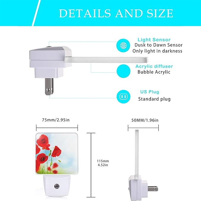 Red Poppy Flower Night Light,Plug into Wall Night Lights 0.5W Sleep Friendly for Boys Girls Led Night Light Dusk to Dawn Sensor Nightlight for Stairway/Hallway/Kitchen