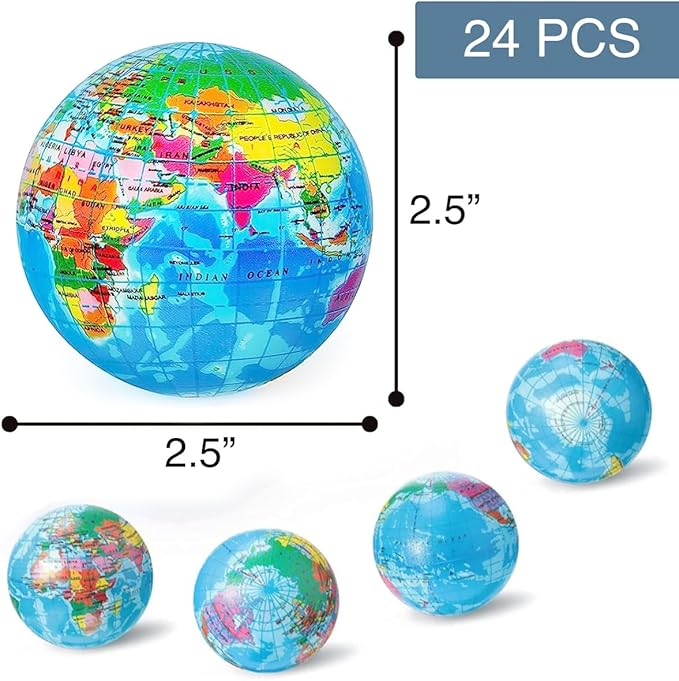 24 Pack - Globe Mini Soft Foam Earth Squeeze Balls, 2.5" Squeezable World Toy Stress Relief Bulk Educational Novelties for Kids, School, Classroom, Party Favors, Rewards