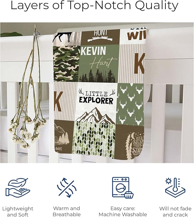 MDPrints Deer Hunting Personalized Baby Blankets for Boys, Custom Baby Name Blanket, Customized Newborn Boy Gift, Woodland Nursery Decor