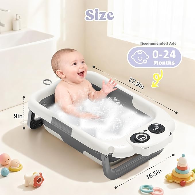 Foldable Baby Bathtub, Lightweight Bathtub for Infants to Toddlers with Soft Cushion & Thermometer, Portable Baby Tub Newborn to Toddler 0-24 Months(Grey)