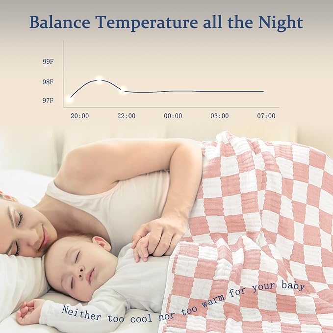 Muslin Swaddle Blankets Neutral, Baby Swaddling Wrap Nursery Blanket for Boys & Girls Unisex, Soft 70% Cotton and 30% Rayon, Large 43 x 43 inches Light Pink Chessboard