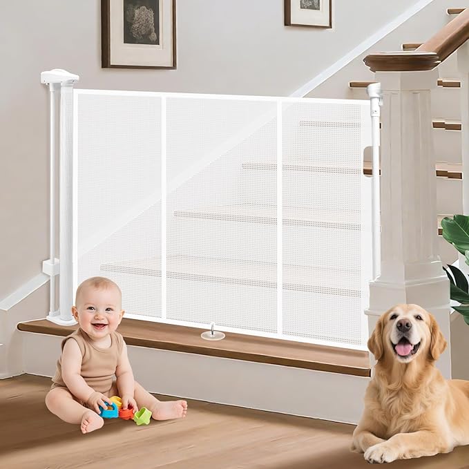 Retractable Baby Gates for Stairs, 55" Wide Retractable Dog Gate Pet Gate, 34" Extra Tall Child Safety Gate Toddler Mesh Gate with Support Rods for Doorways, Hallways, Deck, Porch, Indoor, Outdoor