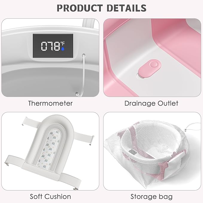 Collapsible Baby Bathtub for Newborn to Toddler 0-36 Months,Spacious Foldable Infant Bath Tub with Thermometer,Cushion & Drain Hole,Portable Travel Tub, Baby Shower Gift Pink