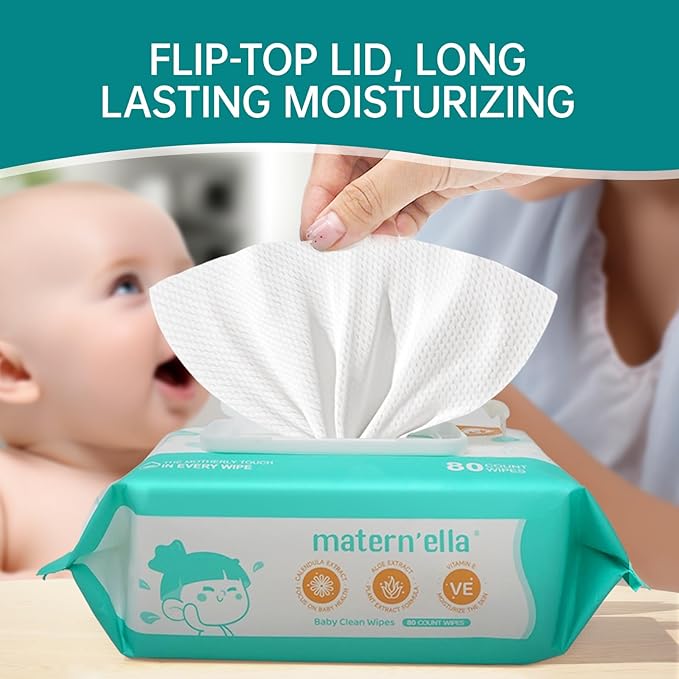 MATERN'ELLA Baby Wipes, Diaper Wipes for Sensitive Skin, Wet Wipes with 99% Water Based, Hypoallergenic, Safe and Gentle, 8 Flip-Top Packs (640 Wipes Total)