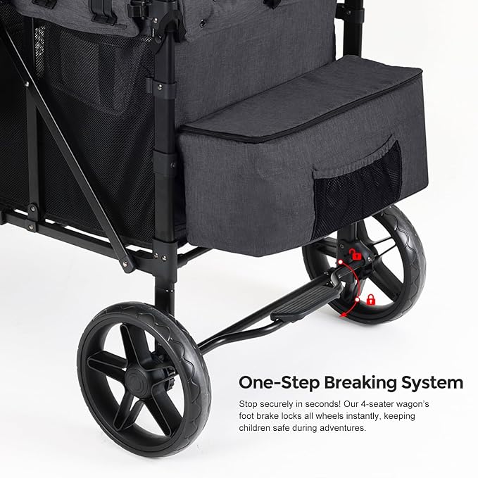 Elite 4-Seater Wagon Stroller for 2-4 Kids, One-Hand Fold, High Seats with 5 Point Harness, Adjustable Handle & Canopy, Dark Gray