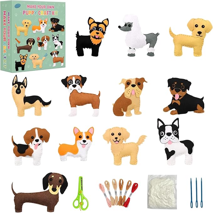 FYXGZZH Kids Beginner Sewing Kit – DIY Stuffed Craft Set with Pre-Cut Felt, Plastic Needle & Embroidery Thread, Educational Arts & Crafts for Boys & Girls Ages 6-12, Dog