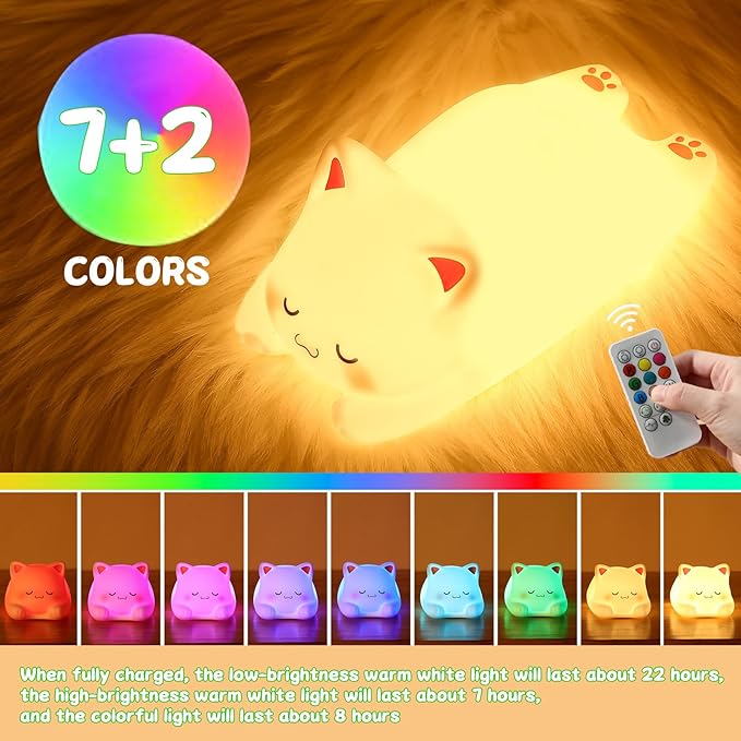 LOVERUIS Cute Night Light for Kids Cat Night-Light Baby Girl Squishy NightLight 1/3 Hour Timer Kitty Light Dimmable Nursery Lamp Colorful Nightlight Gift for Kid Toddler Kawaii Bedroom (CAT)