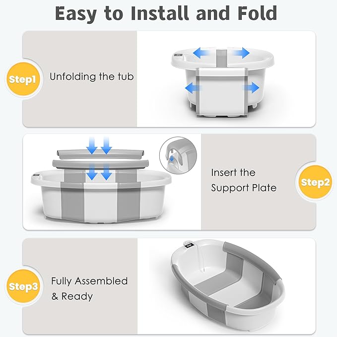 Collapsible Baby Bathtub for Newborn to Toddler 0-36 Months,Spacious Foldable Infant Bath Tub with Thermometer,Cushion & Drain Hole,Portable Travel Tub, Baby Shower Gift Grey