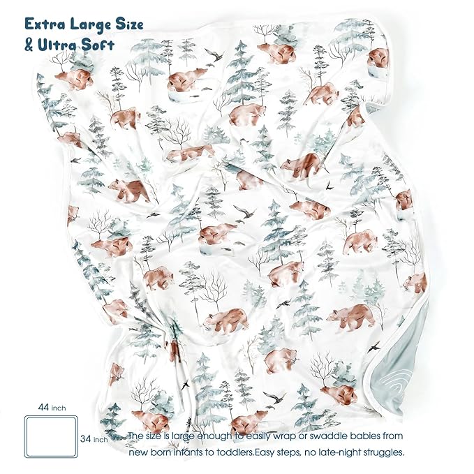 GRSSDER Baby Blankets 2 Pack Super Soft Jersey Knit Swaddle Blankets for Baby Girls and Boys, Double Layer Receiving Blankets 34 x 44 Extra Large for Swaddling, Bear & Snow Wolf