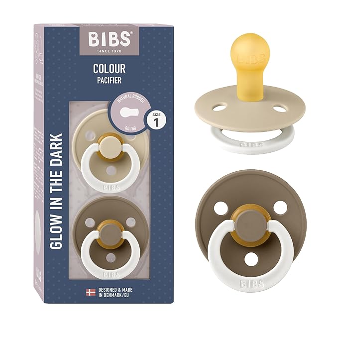 BIBS Pacifiers Colour Collection | Natural Rubber Baby Pacifier | Set of 2 BPA-Free Soothers | Made in Denmark | 0+ Months (Pack of 2) | Vanilla Night/Dark Oak Night
