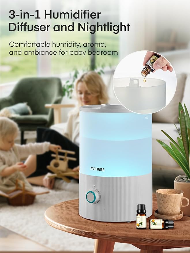 FOHERE Humidifier for Bedroom Baby, 3.2L Top Fill Cool Mist Humidifiers for Nursery, Home, 28H Ultra Quiet Runtime, Auto Shut-Off, Soft 7-Color Night Light, BPA-Free, Essential Oil Tray, White